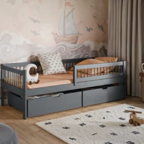 Kρεβάτι καναπές Edi γκρι από μασίφ ξύλο με συρτάρια 90x200cm