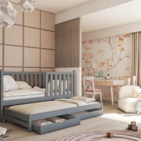 Καναπές Kaja με συρόμενο κρεβάτι, γκρι, από μασίφ ξύλο, 90x200cm.