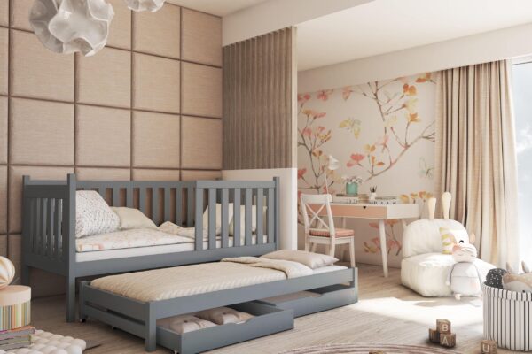 Καναπές Kaja με συρόμενο κρεβάτι, γκρι, από μασίφ ξύλο, 90x200cm.