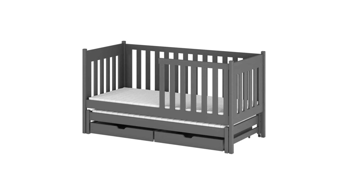 Καναπές Kaja με συρόμενο κρεβάτι και κάγκελα, μασίφ ξύλο γραφίτη.