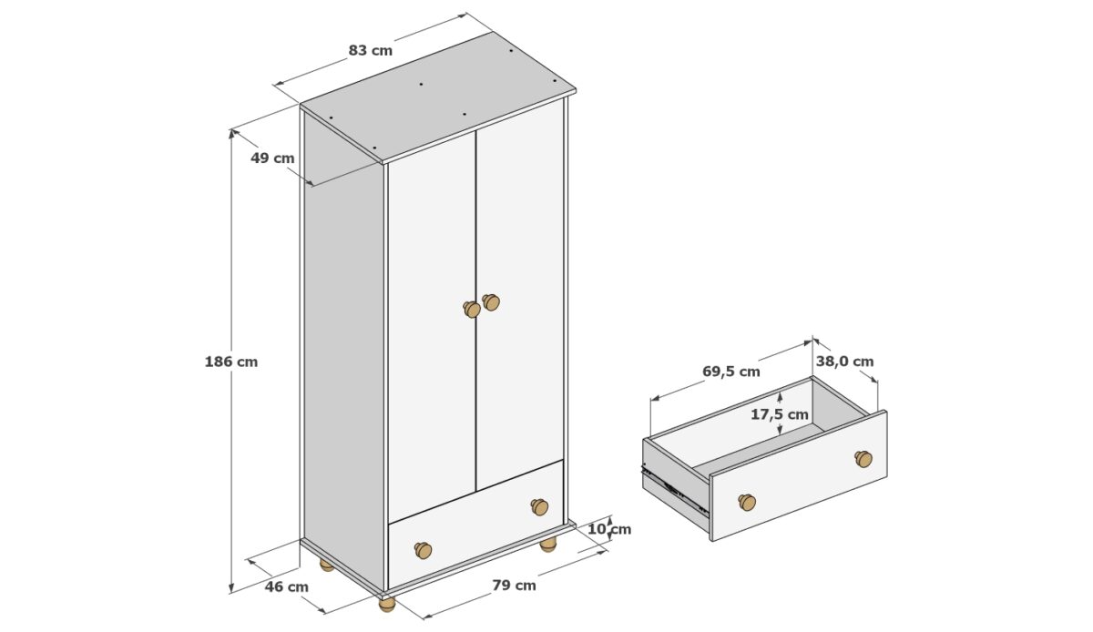 Λευκή ντουλάπα με δύο πόρτες, συρτάρι και ξύλινα πόμολα.