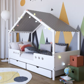 Κρεβάτι σπιτάκι Bela 90x200 BabyCute λευκό γκρι με οροφή και συρτάρια.