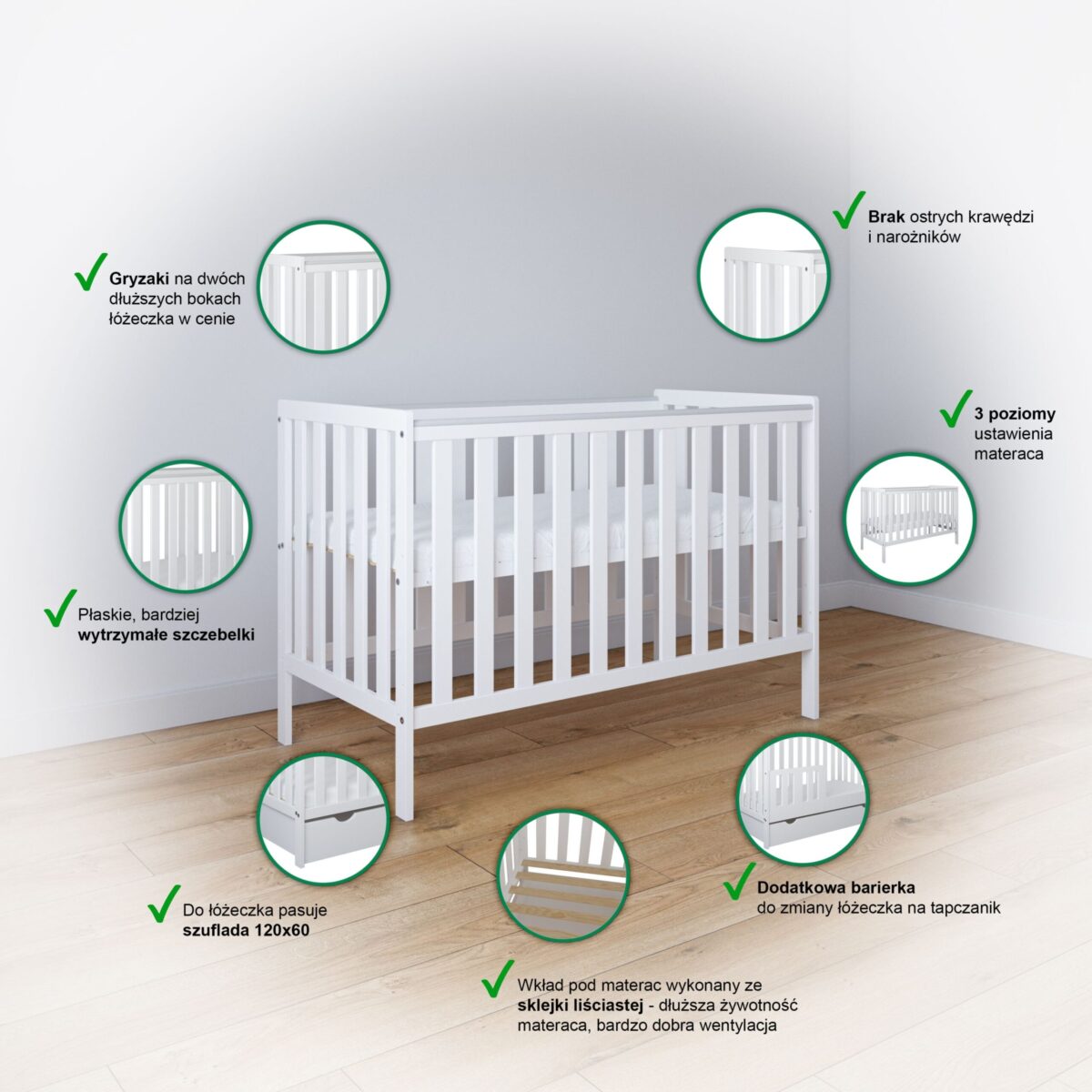 Ξύλινο βρεφικό κρεβάτι Bambi White 60x120cm με προστατευτικό και αποσπώμενα κάγκελα.