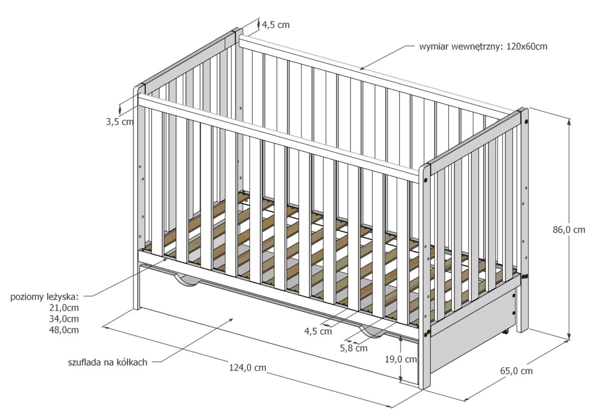 Βρεφικό κρεβάτι Bambi White 60x120cm, ξύλινο με αποσπώμενα κάγκελα.