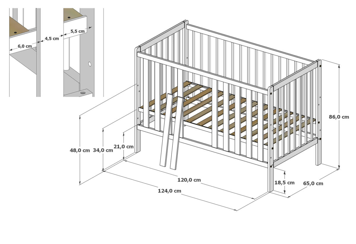 Ξύλινο βρεφικό κρεβάτι Bambi White BabyCute 60x120cm με αποσπώμενα κάγκελα.