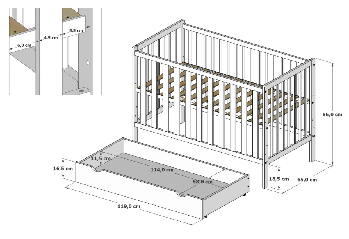 Βρεφικό κρεβάτι Bambi White 60x120cm: Ξύλινο λευκό κρεβάτι με αποσπώμενα κάγκελα.