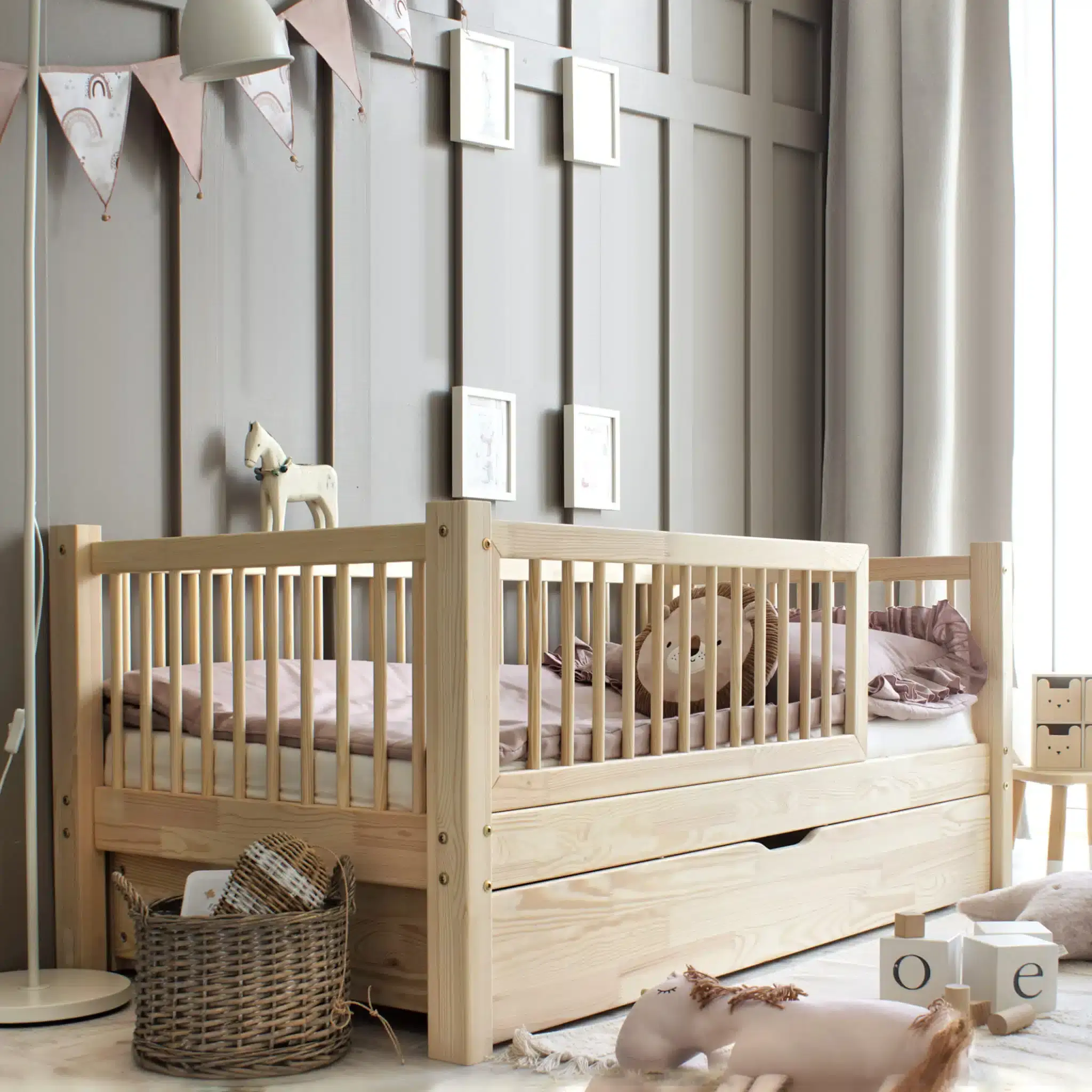 Κρεβάτι Καναπές  Basic Alto Plus με Κάγκελα  33cm & Συρτάρι σε Φυσικό  Ξύλο  140×200cm  Luletto (Δώρο 10% έκπτωση στο Στρώμα)