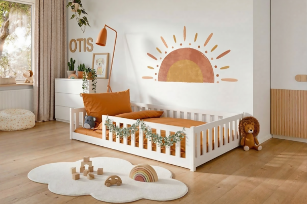 Λευκό κρεβάτι Montessori Otis Fast 120x200 με κάθετα κάγκελα.