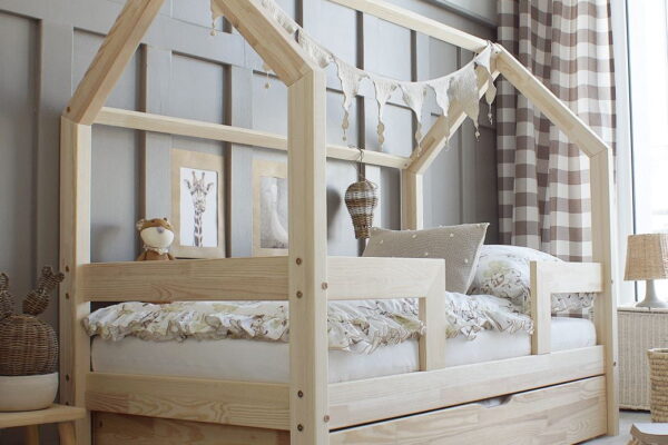 Κρεβάτι παιδικό Barriera Duo Plus Luletto 90x200 με συρτάρι, φυσικό ξύλο.