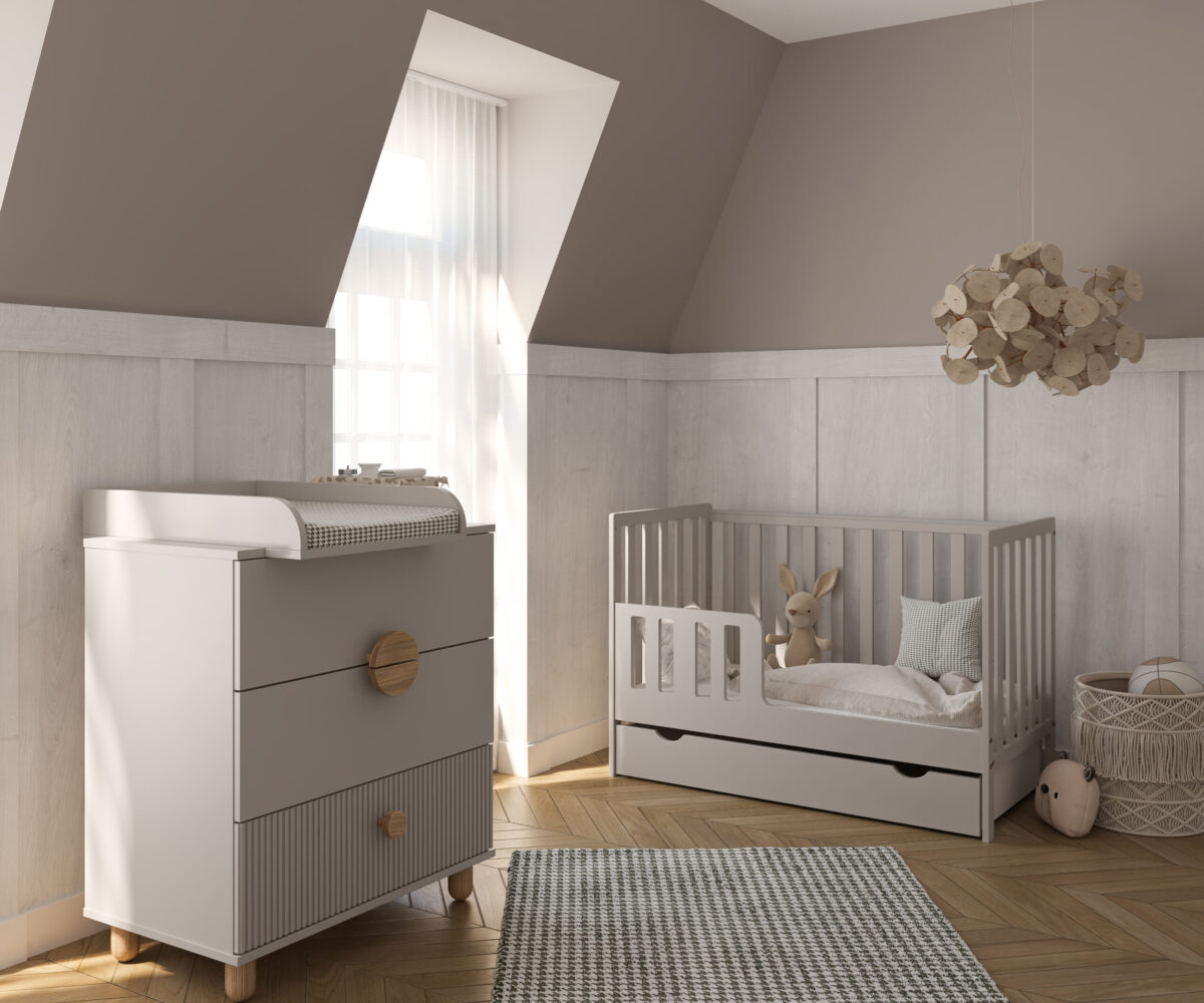 Βρεφικό κρεβάτι Bambi White 60x120 BabyCute με συρτάρι και προστατευτικό.