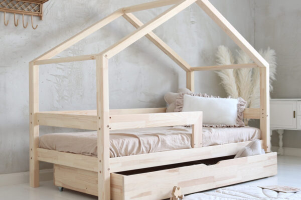 Κρεβάτι Montessori House Bed Plus Luletto από φυσικό ξύλο, ιδανικό παιδικό κρεβάτι.