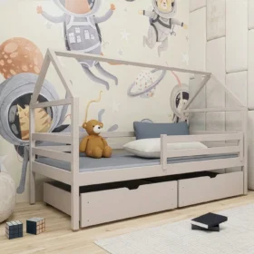 Κρεβάτι Σπιτάκι Aron μασίφ ξύλο Cashmere 90x200cm με σκεπή και συρτάρια.