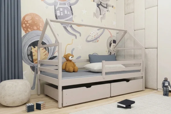 Κρεβάτι Σπιτάκι Aron μασίφ ξύλο Cashmere 90x200cm με σκεπή και συρτάρια.