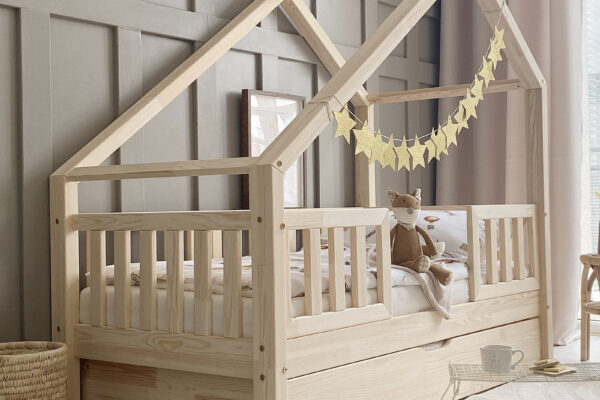 Κρεβάτι Montessori Coco Duo Plus με κάγκελα, φυσικό ξύλο 100x200cm.