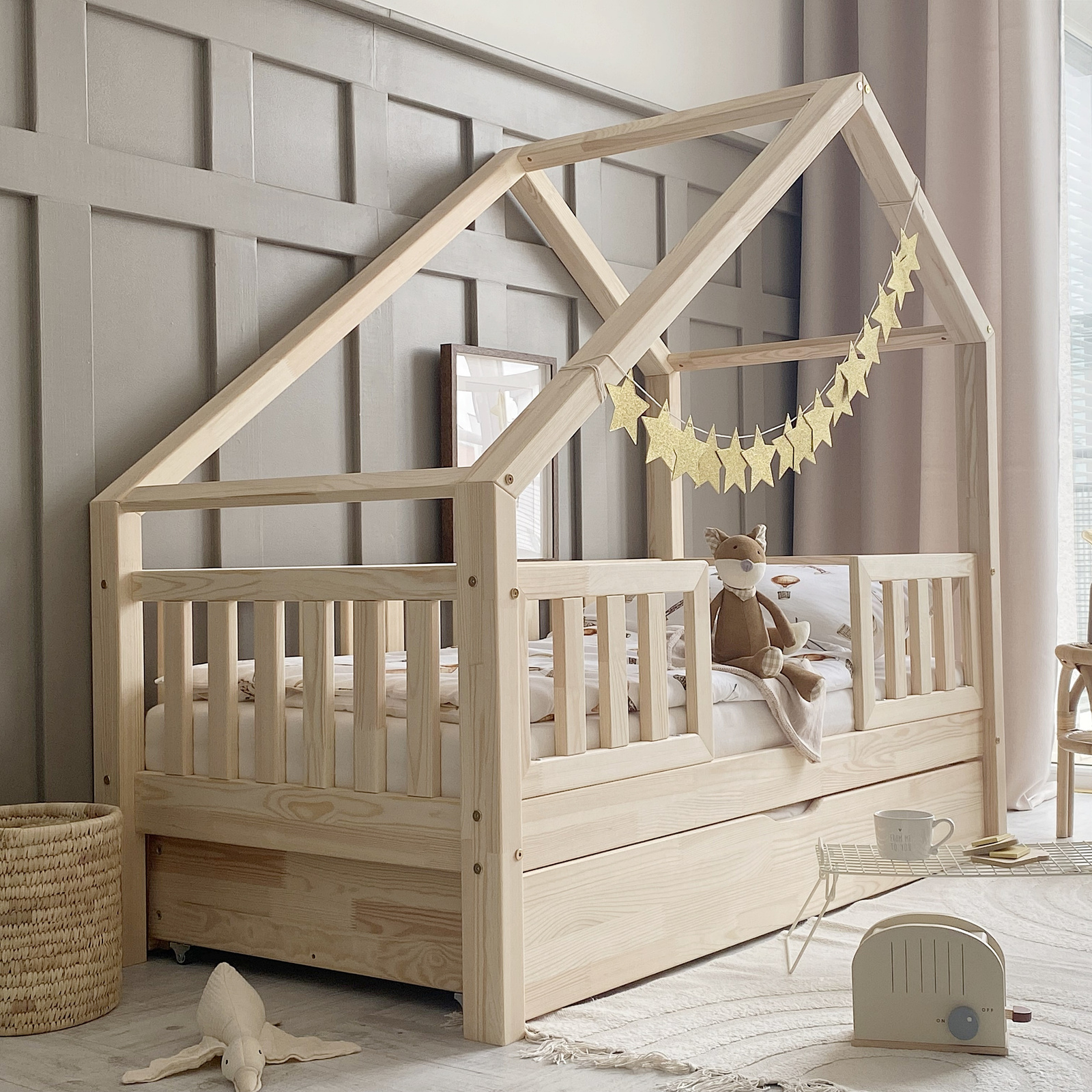 Κρεβάτι Παιδικό Montessori Coco Duo Plus με Κάγκελα 30cm σε Φυσικό  Ξύλο  100×200cm  Luletto (Δώρο 10% έκπτωση στο Στρώμα)