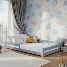 προϊόν Γκρι κρεβάτι Montessori Fini 140×200 από μασίφ ξύλο με κάγκελο.