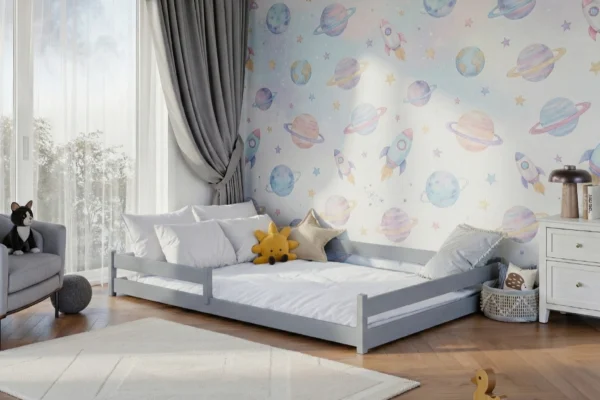 προϊόν Γκρι κρεβάτι Montessori Fini 140×200 από μασίφ ξύλο με κάγκελο.