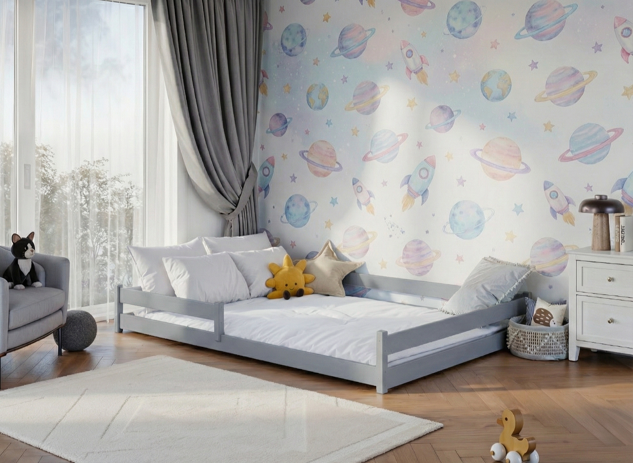 11 3 προϊόν Γκρι κρεβάτι Montessori Fini 140×200 από μασίφ ξύλο με κάγκελο.