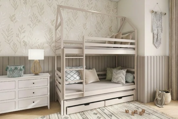 προϊόν Κουκέτα Σπιτάκι Dalia από μασίφ ξύλο cashmere 90×200cm με συρόμενο κρεβάτι.