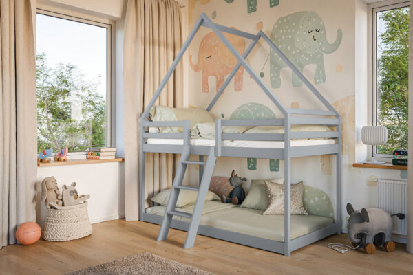 Χαμηλή Κουκέτα Montessori Sweet γκρι από μασίφ ξύλο, 90x200cm.