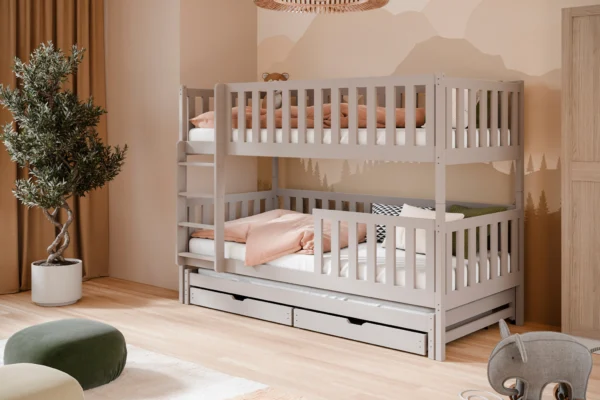 προϊόν Κουκέτα Lea γκρι με συρόμενο κρεβάτι και κάγκελα από μασίφ ξύλο.