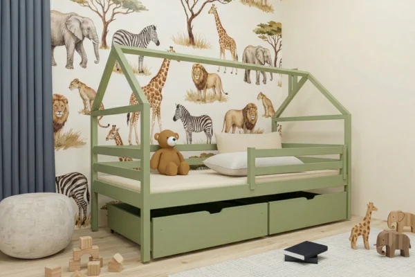 Κρεβάτι Σπιτάκι Aron Olive από μασίφ ξύλο 90x200cm με σκεπή