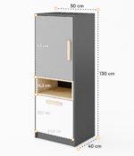 Βιβλιοθήκη Pok Grey PO-07: Γκρι, λευκή βιβλιοθήκη με ξύλινο συρτάρι και ντουλάπι.