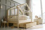 Παιδικό κρεβάτι Montessori House Bed Plus Luletto με συρτάρι, φυσικό ξύλο.