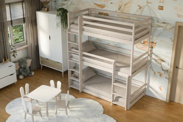 προϊόν Κουκέτα Montessori Ted τριώροφη Cashmere 90x200cm από μασίφ ξύλο.