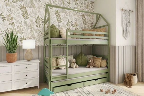 προϊόν Κουκέτα Σπιτάκι Dalia μασίφ ξύλο Olive με συρόμενο κρεβάτι και συρτάρια.