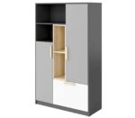 Βιβλιοθήκη Pok Grey PO-05: Μοντέρνα βιβλιοθήκη με γκρι, λευκό και ξύλινα στοιχεία.