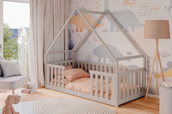 Κρεβάτι Σπιτάκι Montessori Bee από ξύλο πεύκου, κάγκελα 47,5cm, 90x200cm.