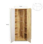 Ξύλινη ντουλάπα ρούχων με ράφια και δύο πόρτες σε φυσικό χρώμα.