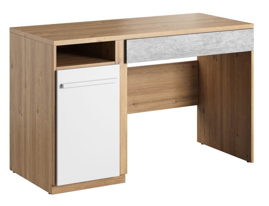 Γραφείο Plano Natural & White PN-06: Ξύλινο με λευκή πόρτα και γκρι συρτάρι.