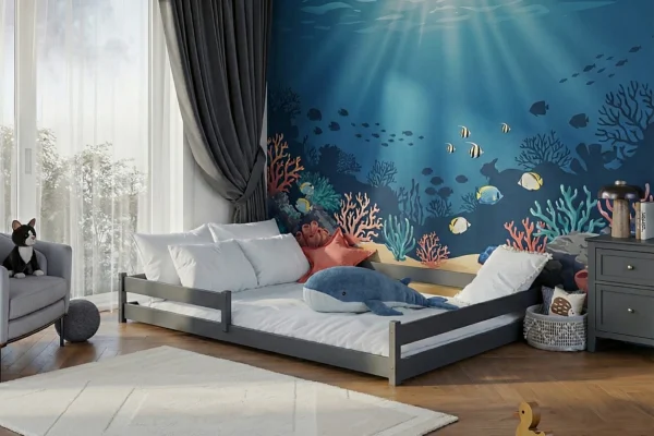 προϊόν Κρεβάτι Montessori Fini 140×200 από μασίφ ξύλο Graphite με οριζόντιο κάγκελο.