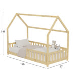 Κρεβάτι Montessori Phyllis 90x190 από μασίφ ξύλο με κάγκελα, φυσικό.