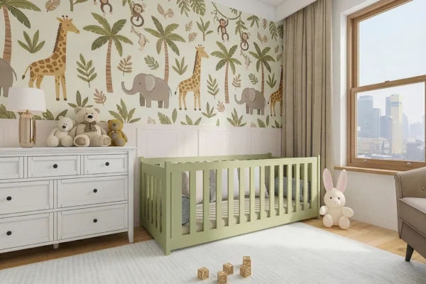 Κρεβάτι Montessori Concept με κάγκελα, μασίφ ξύλο, olive χρώμα, διάστασης 90x200cm