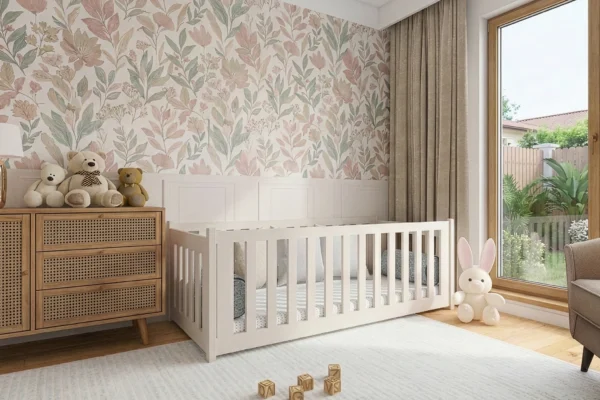 Κρεβάτι Montessori Concept με κάγκελα, μασίφ ξύλο cashmere 90x200cm.