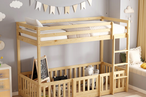 Παιδική κουκέτα Montessori Natural PlayKid από μασίφ ξύλο 90x190cm με πορτούλα.