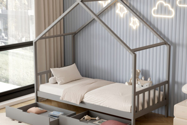 Κρεβάτι Montessori Klarice γκρι, από μασίφ ξύλο, με συρτάρια 90x190cm.