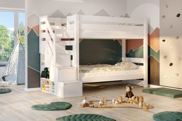 Λευκή κουκέτα Oliver Stairs με σκαλοπάτια και αποθηκευτικό χώρο.