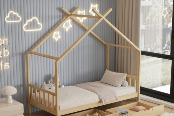 Κρεβάτι Montessori Klarice από μασίφ ξύλο natural 90x190cm με συρτάρια.