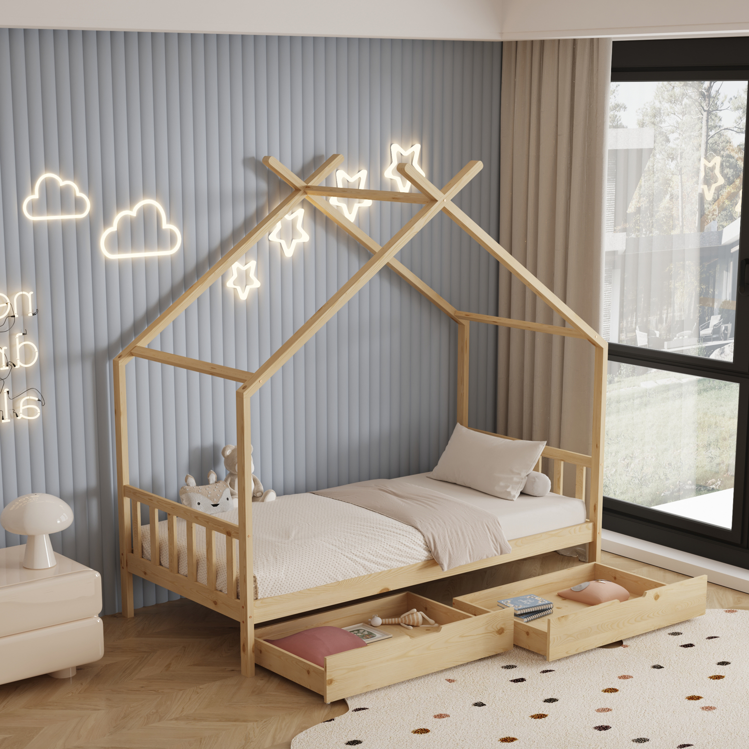 64 Κρεβάτι Montessori Klarice από μασίφ ξύλο natural 90x190cm με συρτάρια.