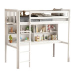 Υπερυψωμένο κρεβάτι Libro με γραφείο και βιβλιοθήκη, λευκό, από μασίφ ξύλο.