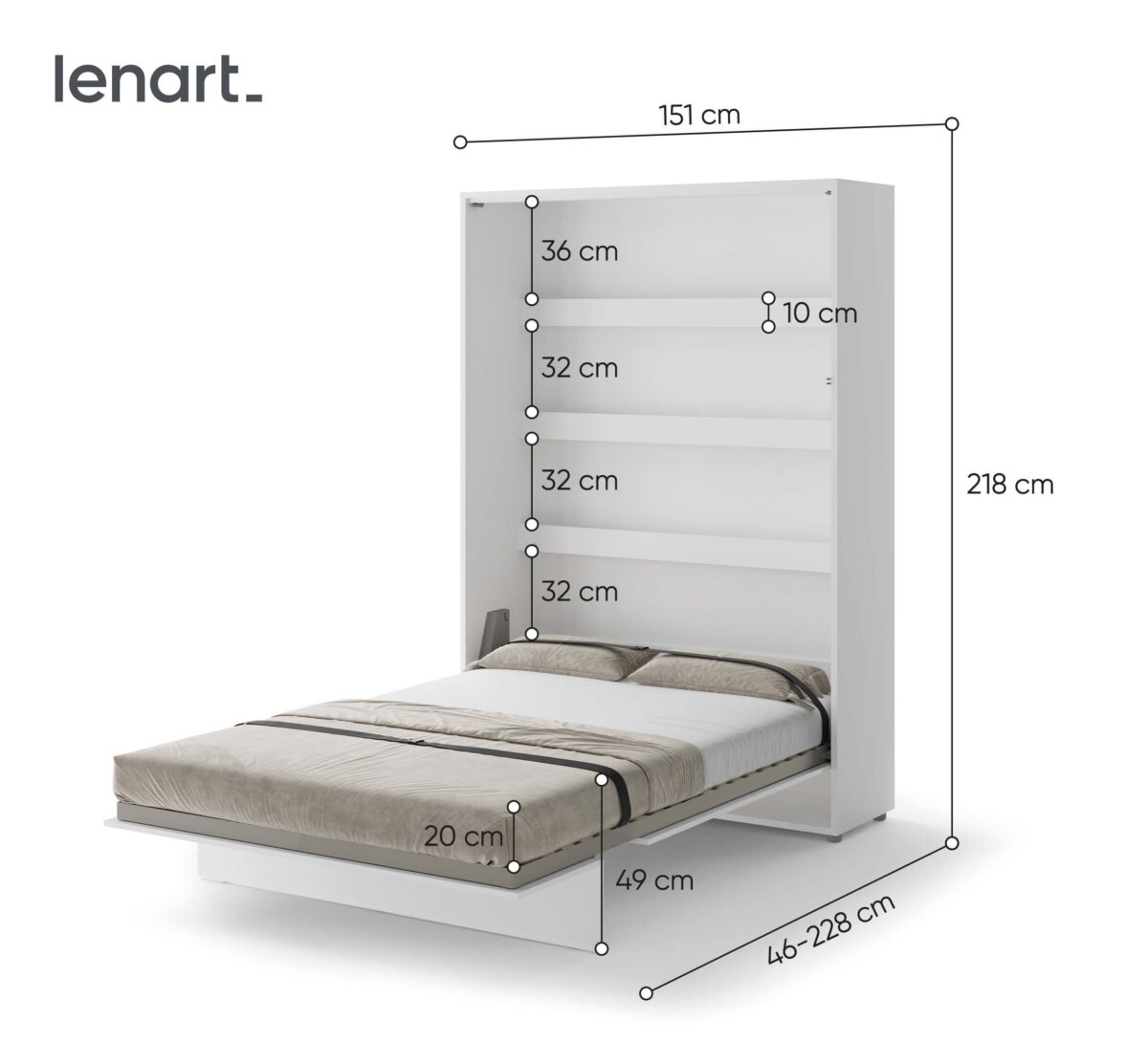 Lenart BC-01-GLOSS λευκό γυαλιστερό διπλό κρεβάτι 140x200cm που αναδιπλώνεται στον τοίχο.