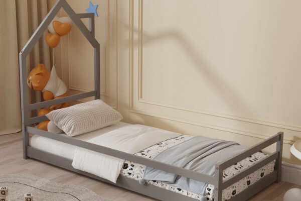Παιδικό κρεβάτι HOUSER Montessori Grey από μασίφ ξύλο, διαστάσεων 90x190cm.