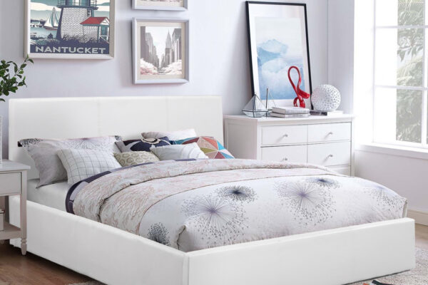 Λευκό διπλό κρεβάτι Bobbi 150x200cm με αποθηκευτικό χώρο και τεχνόδερμα.
