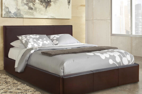 Καφέ διπλό κρεβάτι Bobbi 150x200cm με τεχνόδερμα και αποθηκευτικό χώρο.