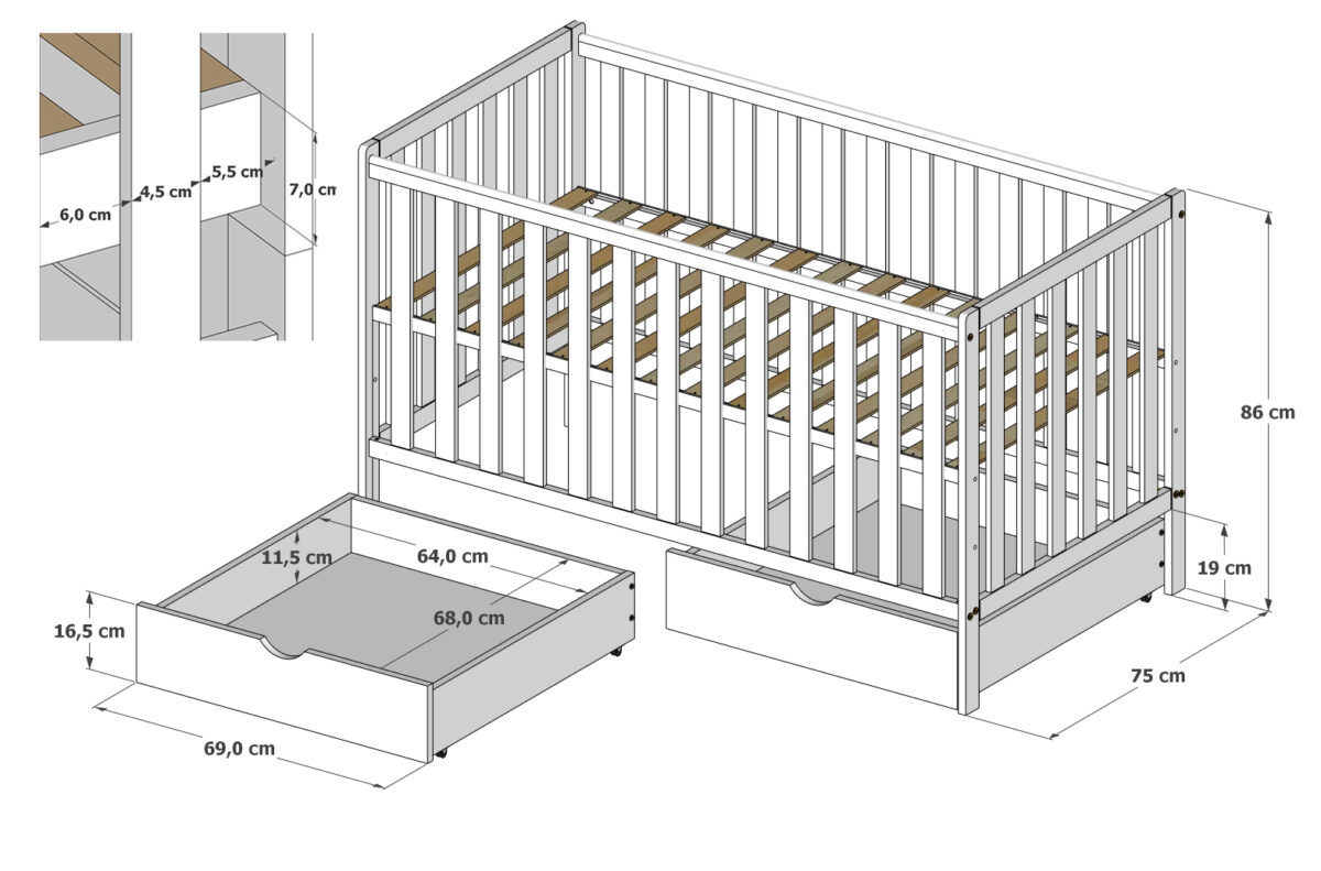 Ξύλινο βρεφικό κρεβάτι Bambi White BabyCute 70x140cm με συρτάρι αποθήκευσης.