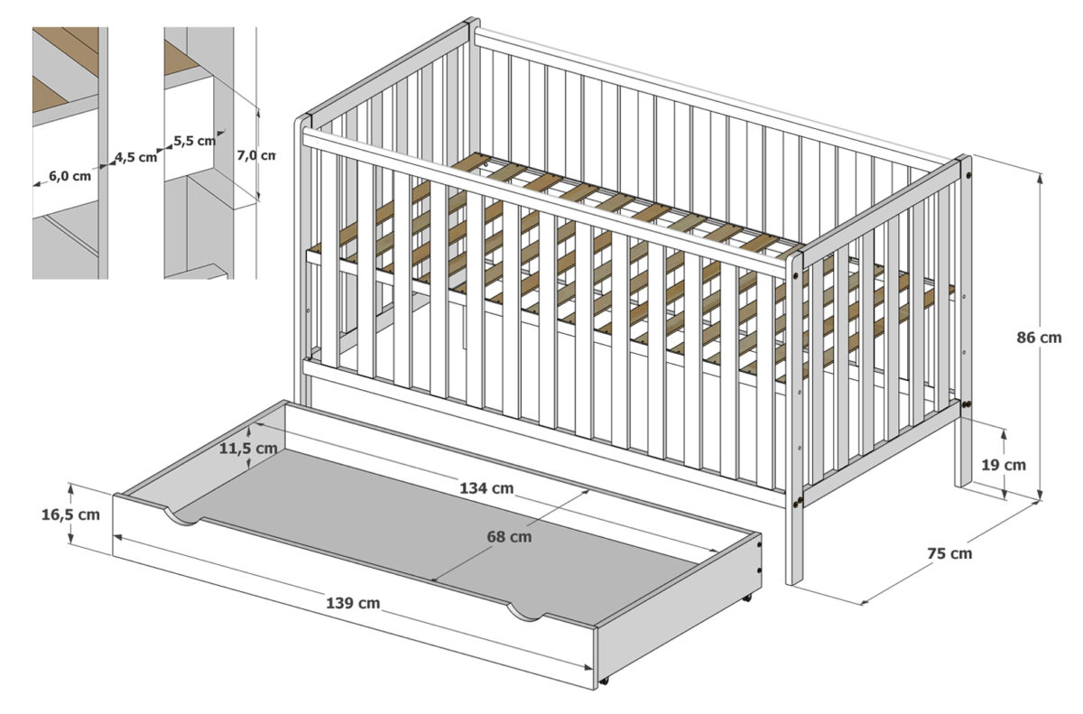 Λευκό ξύλινο βρεφικό κρεβάτι Bambi BabyCute 70x140cm με συρτάρι αποθήκευσης.